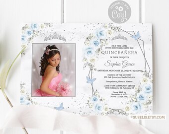 EDITABLE Quinceanera Invitation, Photo, Baby Blue Flowers, Mis Quince Anos, 15th Birthday, Printable, Corjl Template Instant download QU054A