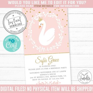 EDITABLE Evite Birthday Invitation, Corjl Template, Princess Swan, Instant, iPhone, SMS, Email, Smartphone, Blush Pink, Electronic 10-033 image 2