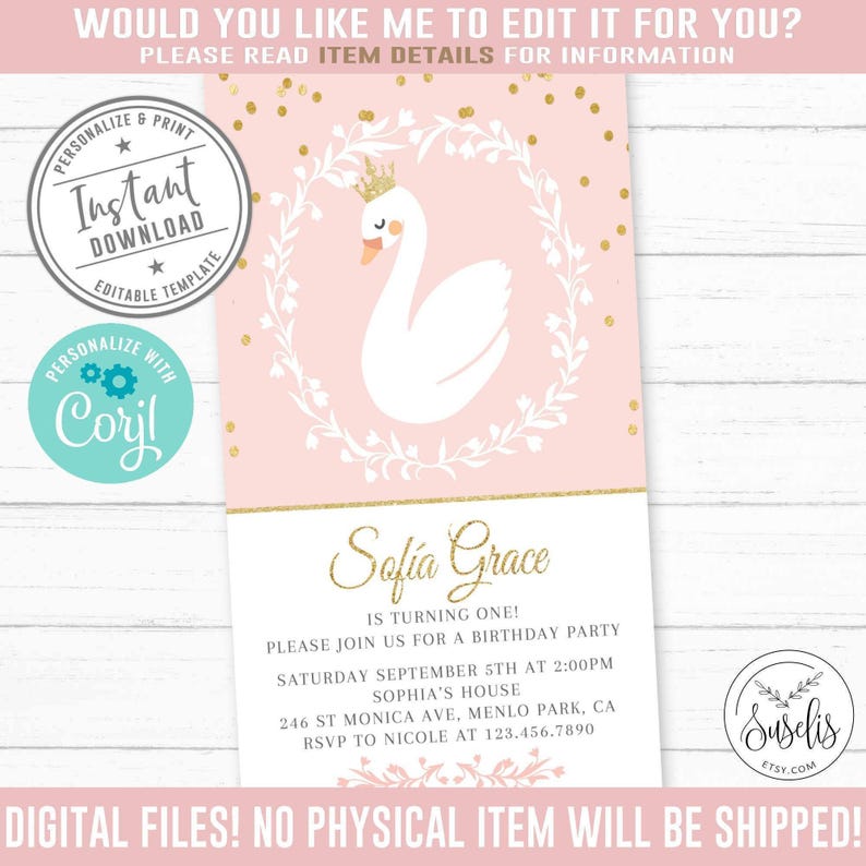 EDITABLE Evite Birthday Invitation, Corjl Template, Princess Swan, Instant, iPhone, SMS, Email, Smartphone, Blush Pink, Electronic 10-033 image 2