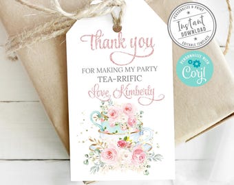 Editable Tea Party Birthday Favor Tag, Corjl Template, Tea for Two Tea-rrific Tea Gift tag, Baby Shower, Instant Download, Pink Girl, 10-209