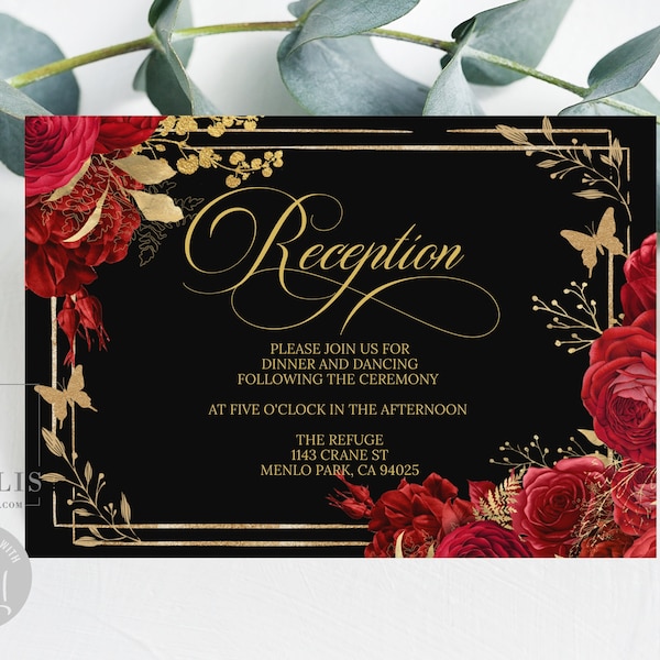 EDITABLE TEMPLATE Reception Card, Red Roses Flowers, Insert card, Enclosure, Mis Quince, Sweet 16, Printable, Instant Download, QU140