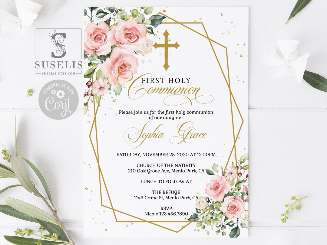 EDITABLE Template First Holy Communion Invitation, Watercolor Blush ...