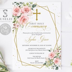 EDITABLE Template First Holy Communion Invitation, Watercolor Blush Pink Flower Theme, Instant Download, Printable Invite, Digital, SU022