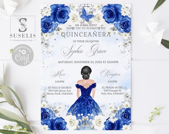 EDITABLE Quinceanera Invitation Template, Lista de Padrinos, Royal Blue Floral, Butterfly, Mis Quince, Sweet 16, Printable, Download QU084