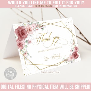 Editable Thank you Card, Folded, Blush Pink Red Flowers, Butterfly, Mis Quince Anos, 15th Birthday, Corjl Template, Instant Download, QU052