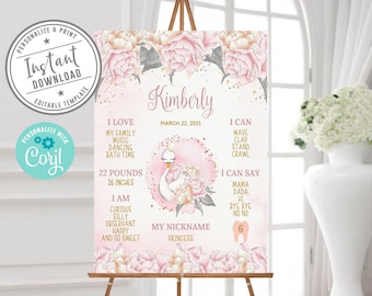 Editable Swan Princess Birthday Milestone Board, Corjl Template, Instant download, Floral Swan Sign, Flowers, You Edit Printable, 10-234