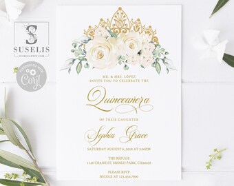 EDITABLE Quinceanera Invitation & Back Template, Sage Green Cream Flowers, Mis Quince, Sweet Sixteen, Sweet 16, Instant Download, QU021