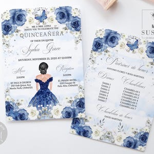 EDITABLE Quinceanera Invitation Template, Lista de Padrinos, Dark Blue Flowers, Butterfly, Mis Quince, Sweet 16, Printable, Download QU084
