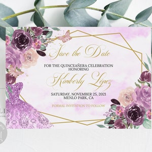 Editable Save the Date Template, Purple Flowers, Quinceañera, Sweet 16, Mis Quince, 15th Birthday, Printable, Instant Download, QU054D