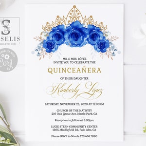 EDITABLE Quinceanera Invitation Template, Royal Blue Flowers, Butterfly, Mis Quince, Sweet 16, Printable, Instant Download, QU091