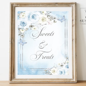 PRINTABLE Quinceanera Sweets & Treats Sign, Baby Blue Flowers, Desserts, Party Table Sign, Butterfly, 15th Birthday, Instant Download QU054A