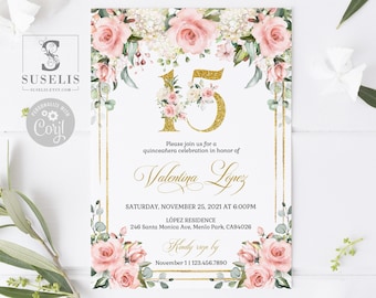 EDITABLE Quinceanera Invitation & Back Template, Blush Pink Floral, Sweet 16, Mis Quince, 15th Birthday, Printable, Instant Download, SU029