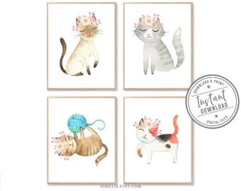 Printable Nursery Cat Prints, Set of 4, Animal Signs, Watercolor Kitten Flowers, Girls poster Playroom Wall art, Gift for Kids DIGITAL FILES