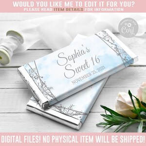 EDITABLE Winter Sweet 16 Chocolate Wrapper, Blue Candy Bar, Sixteen Birthday, Party Favors, Corjl Template, Instant Download, Digital, SU030