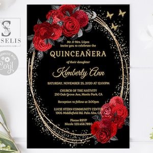 EDITABLE Quinceanera Invitation Template, Black Red Roses Flowers, Gold Butterfly, Mis Quince, Sweet 16, Printable, Instant Download QU171