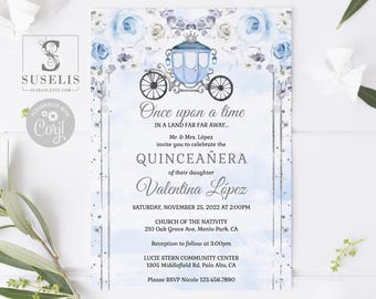 EDITABLE Quinceanera Invitation & Back Template, Blue Silver Flowers, Princess Carriage, Mis Quince, Sweet 16, Printable, Instant, QU120