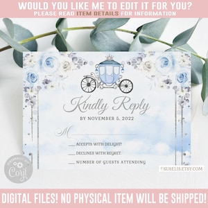 Editable Quinceañera RSVP Card, Kindly Reply, Princess Blue Silver, Mis Quince Anos, 15th Birthday, Corjl Template, Instant Download QU120