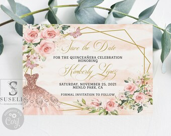 Editable Save the Date Template, Blush Pink Flowers, Quinceañera, Sweet 16, Mis Quince, 15th Birthday, Printable, Instant Download, QU054B
