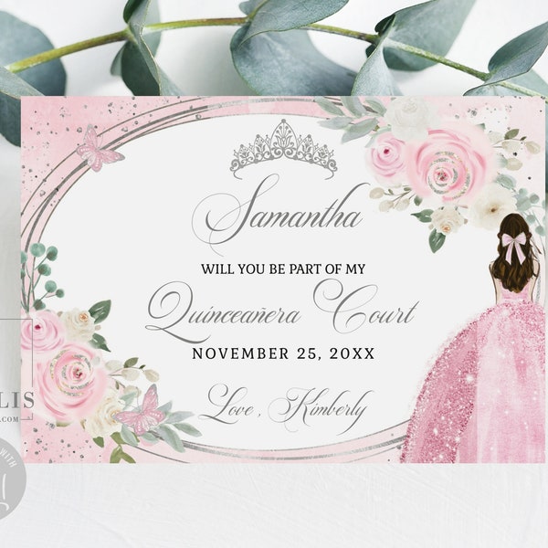 EDITABLE Quinceanera Court Proposal Template, Blush Pink Flowers, Will you be my Dama, Quince, Sweet 16, Printable, Instant Download, QU210C