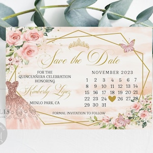 Editable Save the Date Calendar Card Template, Blush Pink Flowers, Butterfly, Sweet 16, Wedding, Printable, Instant Download, QU054B