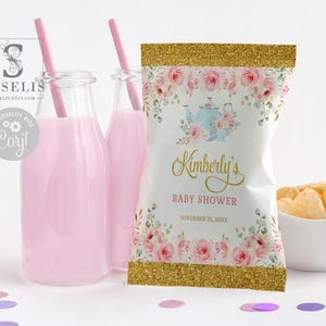 EDITABLE Template Baby Shower Chip Bag, Blush Pink Flowers, Brewing Tea, Chip Wrapper, Tea Party Favors, Printable, Instant Download, BS243