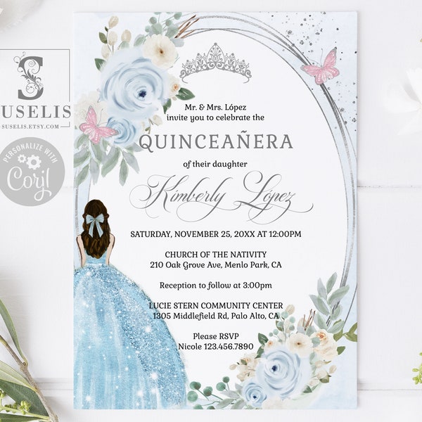 EDITABLE Template Quinceanera Invitation, Baby Blue Cream Flowers, Quince, 16th Birthday, Sweet Sixteen, Printable, Instant Download, QU210B