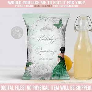 EDITABLE Quinceañera Chip Bag, Silver Green Floral, Butterfly, Favor Mis Quince Anos, 15th Birthday, Corjl Template Instant Download, QU069E