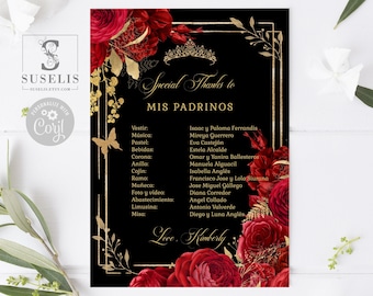 EDITABLE Lista de Padrinos, Special Thanks, List of Godparents, Red Roses Flowers, Mis Quince, 15th Birthday, Corjl Template, Instant QU140