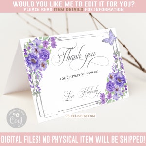 Editable Thank you Card, Folded, Purple Flowers, Butterfly, Mis Quince Anos, 15th Birthday, Corjl Template, Instant Download, QU070