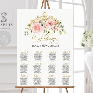 EDITABLE Seating Plan Sign Template, Table Plan, Seating Chart, Blush Pink Flowers, Quinceañera, Sweet 16, Instant download, Printable QU021