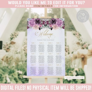 EDITABLE Seating Chart, Table Plan, Watercolor Purple Gold Flowers, Edit Yourself, Printable Corjl Template, Instant download, QU054D