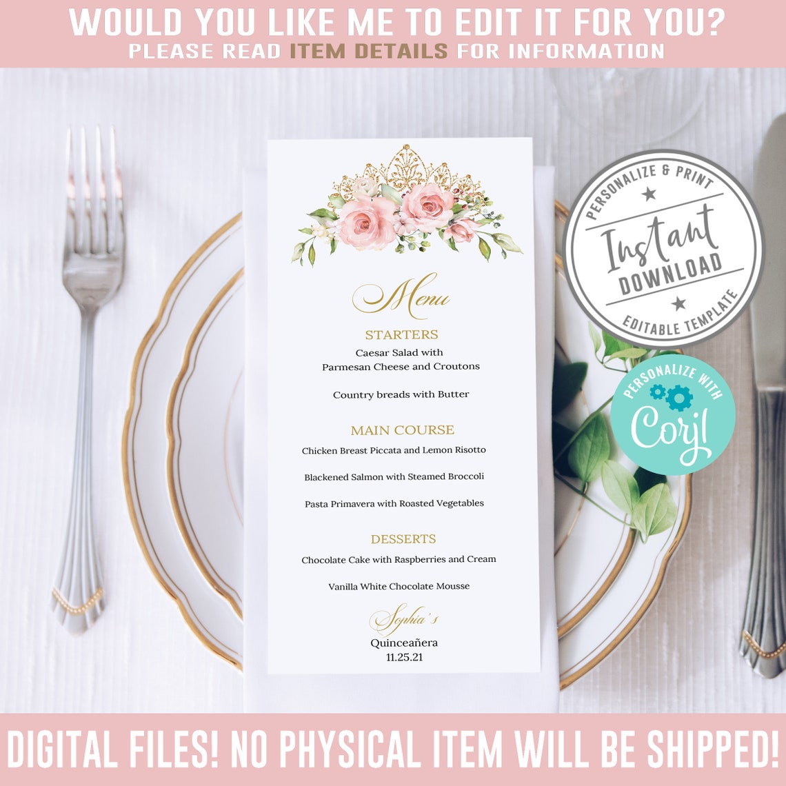 EDITABLE Menu Quinceanera Sweet 16 Corjl Template Blush | Etsy