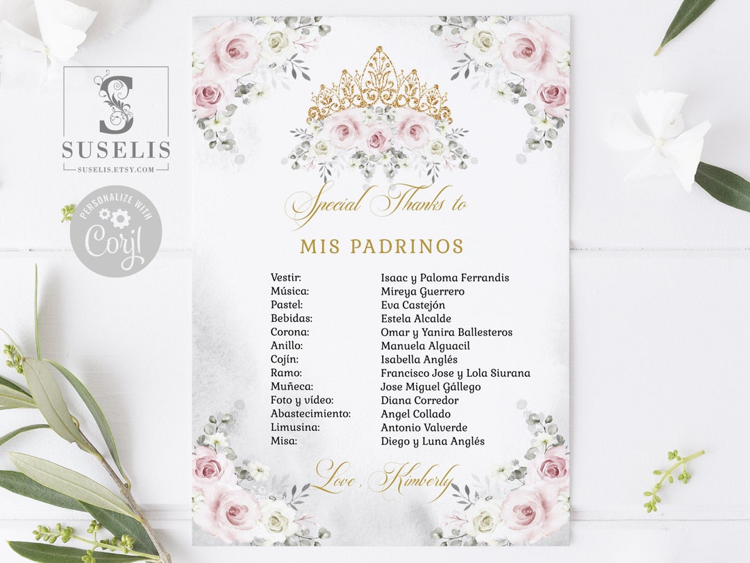 EDITABLE Lista De Padrinos, Special Thanks, List of Godparents, Blush