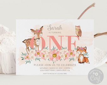 Editable Woodland First Birthday Invitation, Corjl Template Invite, 1st Birthday, Animals Theme, Forest, Instant Download, DIGITAL 10-038