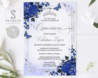 EDITABLE Template Quinceanera Invitation & Back, Silver Navy Blue Flowers, Sweet Sixteen, Sweet 16, Quince, Printable Instant Download QU058