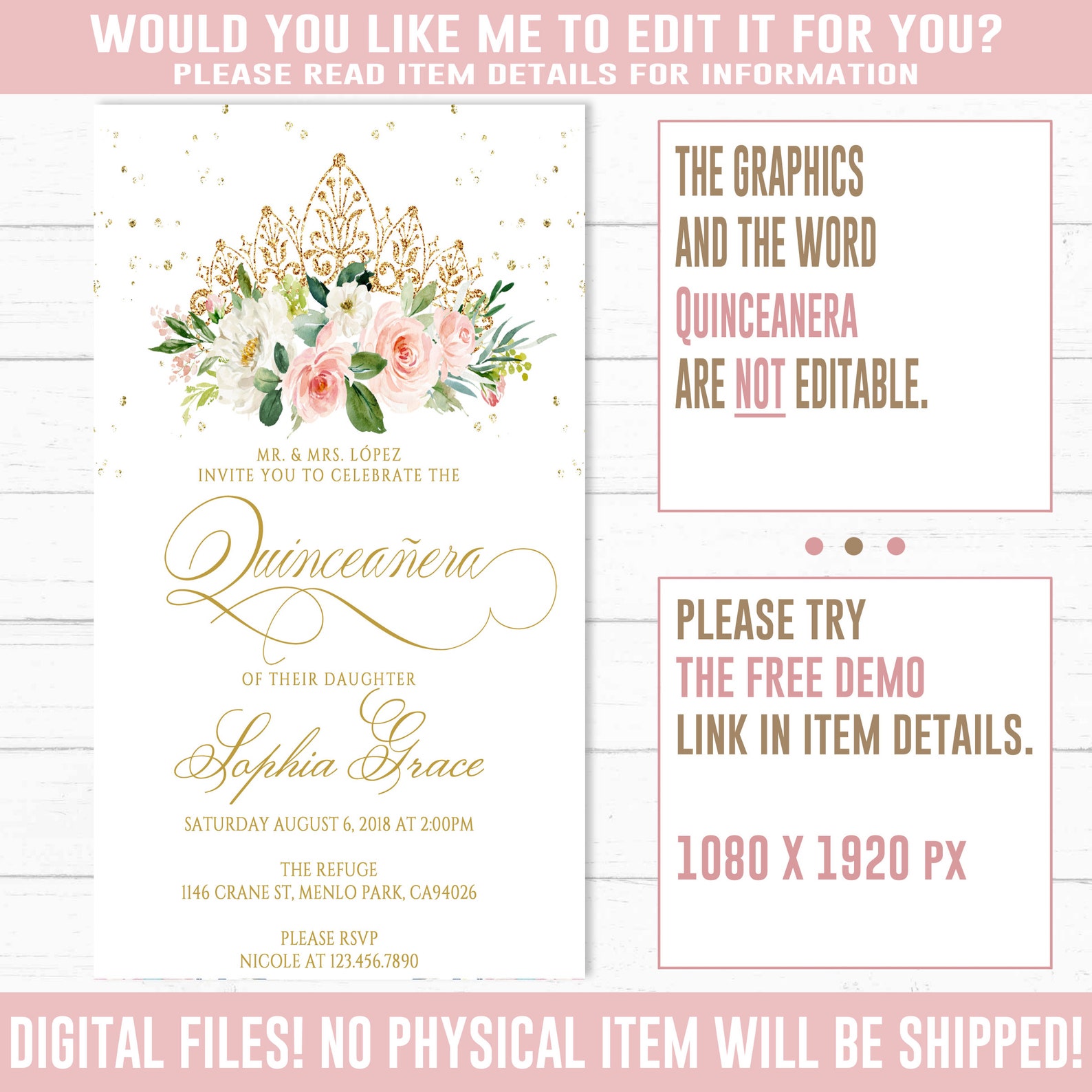 EDITABLE Electronic Quinceanera Invitation Evite Corjl Etsy