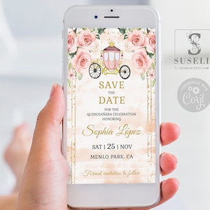 Editable Save the Date Template, Blush Pink Flowers, Text Invite, Quinceañera, Sweet 16, Evite, SMS Email, Printable Instant download, QU120
