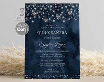 EDITABLE Starry Night Quinceanera Invitation Template, Blue Under the Stars, Mis Quince, Sweet 16, Printable, Instant Download QU103