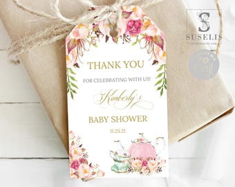 Editable Tea Party Favor Tag, Corjl Template, Tea for Two Tea-rrific Tea Gift tag, Bridal Shower, Instant Download, Pink Girl, SU018