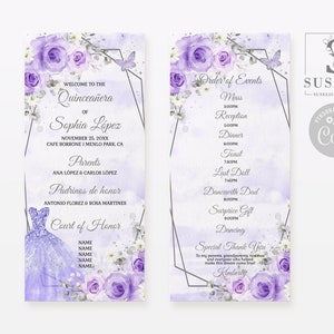 EDITABLE Program Template, Quinceañera, Lavender Flowers, Butterfly, 15th Birthday, Sweet 16, Wedding, Mis Quince, Printable Instant QU054R