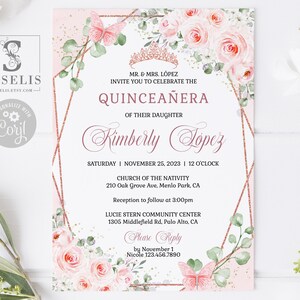 EDITABLE Rose Gold Blush Quinceanera Invitation & Back Template, Blush Flowers, Mis Quince, 15th Birthday, Printable Instant Download, QU186