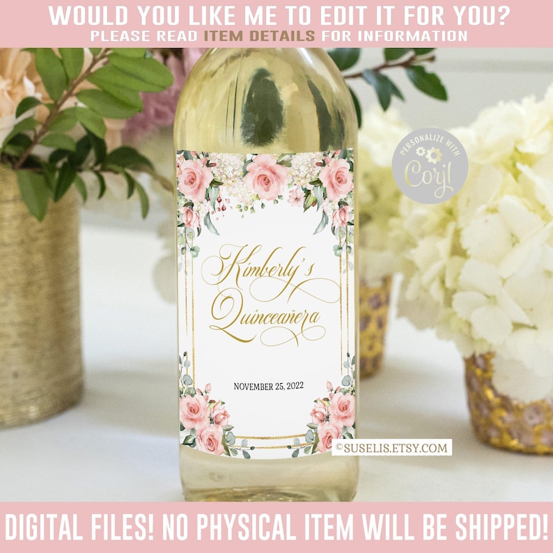 EDITABLE Quinceañera Wine Bottle Labels, Blush Pink, Butterfly, Mis ...