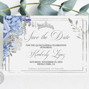 Editable Save the Date Card Template, Baby Blue Flowers, Quinceañera, Sweet 16, Mis Quince 15th Birthday, Printable Instant Download, QU121D
