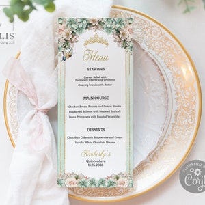 EDITABLE Menu Template, Quinceanera, Sage Green Flowers, Sweet 16, Butterfly, Mis Quince, Wedding, Printable, Instant Download, QU211