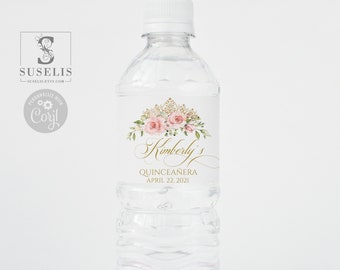 EDITABLE Water Bottle Label Template, Blush Pink Flower, Quinceanera, Mis Quince, Sweet Sixteen, Sweet 16, Printable Instant Download, QU021