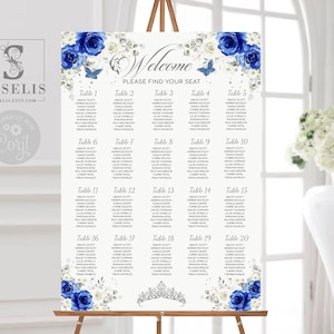 EDITABLE Seating Chart Template, Royal Blue Silver Flowers, Seating Plan, Quinceañera, Wedding, Sweet 16, Printable, Instant download, QU084