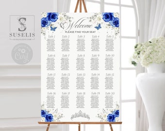 EDITABLE Seating Chart Template, Royal Blue Silver Flowers, Seating Plan, Quinceañera, Wedding, Sweet 16, Printable, Instant download, QU084