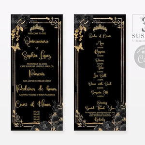 EDITABLE Program Template, Gold Black Flowers, Quinceañera, Sweet Sixten, Sweet 16, Mis Quince, Printable Instant Download, QU121
