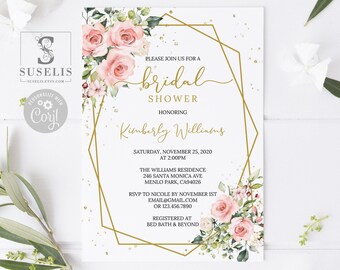 May include: A bridal shower invitation featuring a gold geometric frame, pink roses, and green foliage. Text includes: PLEASE JOIN US FOR A bridal SHOWER HONORING Kimberly Williams SATURDAY, NOVEMBER 25, 2020 AT 2:00PM THE WILLIAMS RESIDENCE.