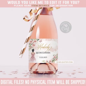 EDITABLE Quinceanera Mini Wine Champagne Bottle Labels, Blush Pink, Mis Quince, Favor labels, Corjl Template, Instant Download, QU084C